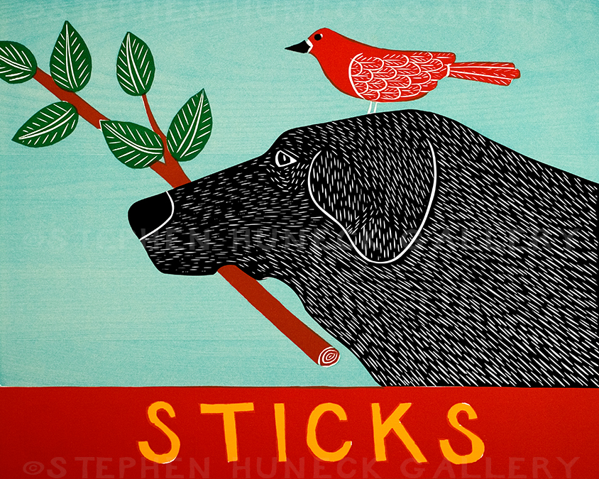 スティーブン　ヒューネック氏のパグ Sticks Original Woodcut | Dog Mountain, VT - Stephen Huneck