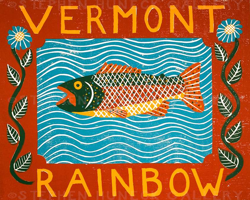 Vermont Rainbow Trout - Original Woodcut