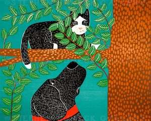 Up a Tree-Black Cat - Original Woodcut