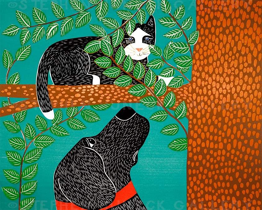 Up a Tree-Black Cat - Original Woodcut