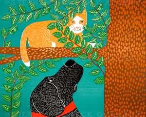 Up a Tree-Orange Cat - Original Woodcut