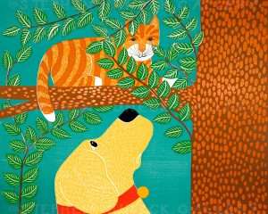 OOSUp a Tree-Striped Cat - Original Woodcut
