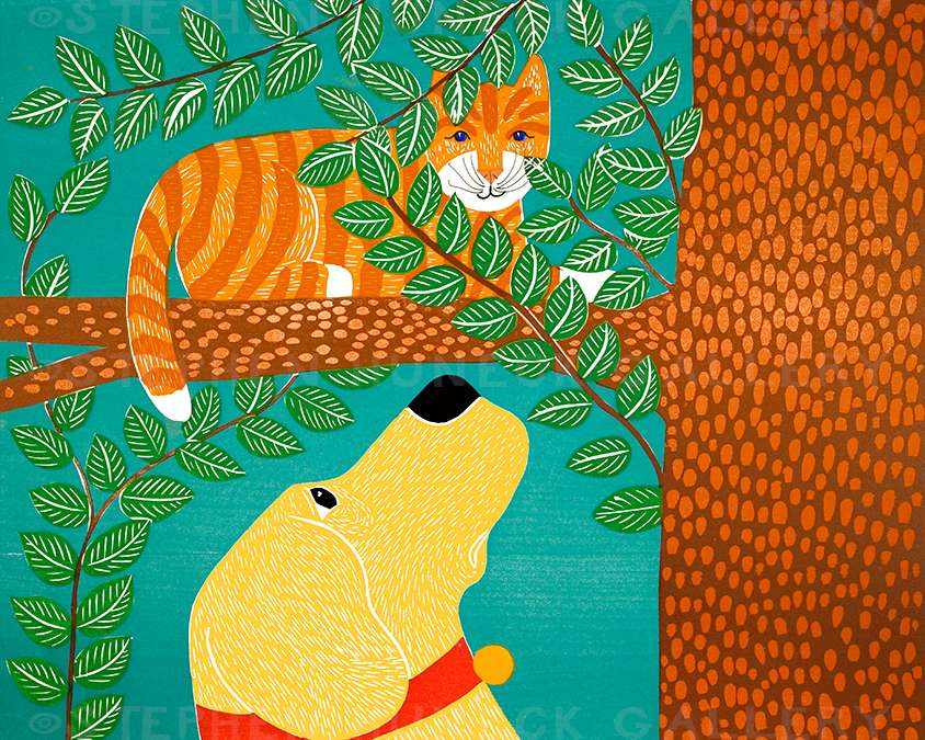 OOSUp a Tree-Striped Cat - Original Woodcut