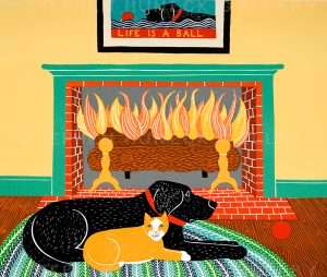 What a Ball-Orange Cat - Original Woodcut