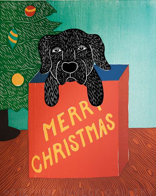 Merry Christmas (Puppy Present) - Original Woodcut