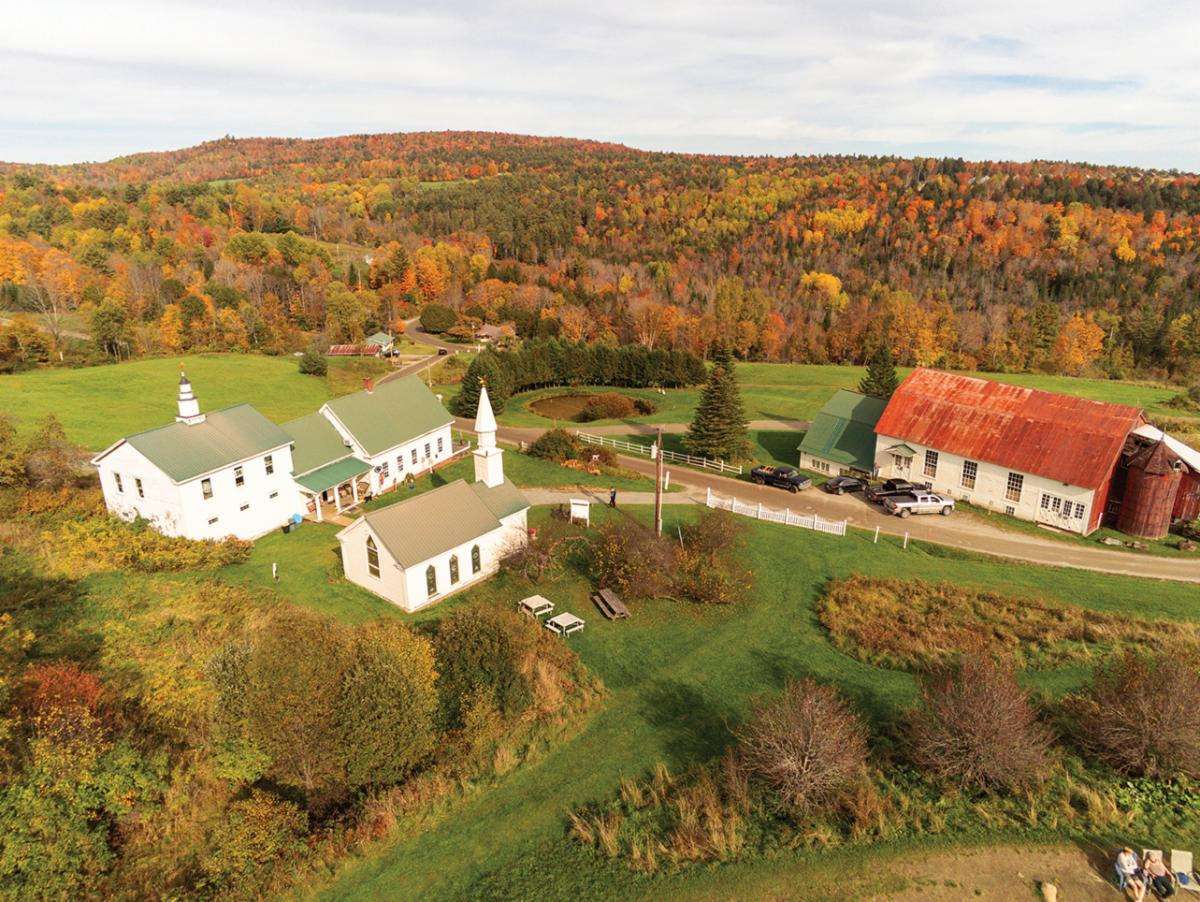 aerial shot of Dog Mountain in the fall