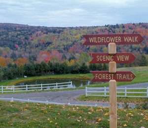 Vermont countryside in the fall, with a signpost labelled "Wildflower Walk" "Scenic View" and "Forest Trails"