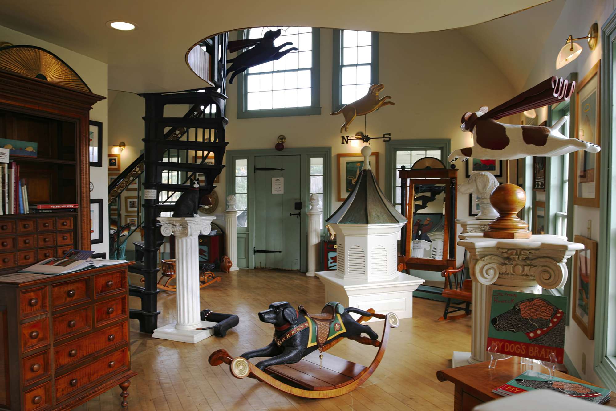 Interior of the Stephen Huneck Gallery and spiral staircase