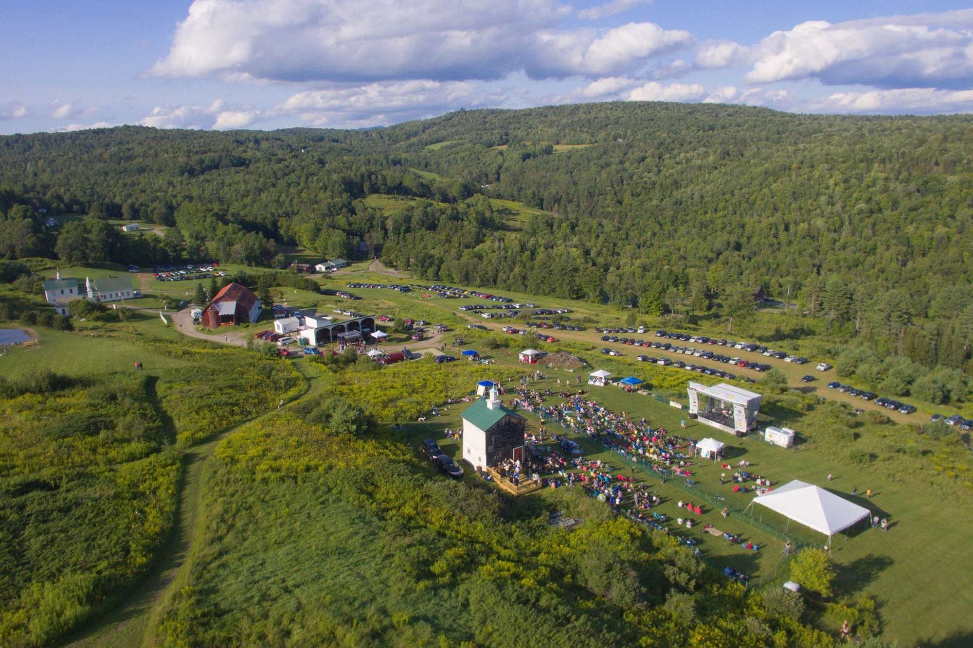 Aerial shot of Dog Mountain during a summer concerta