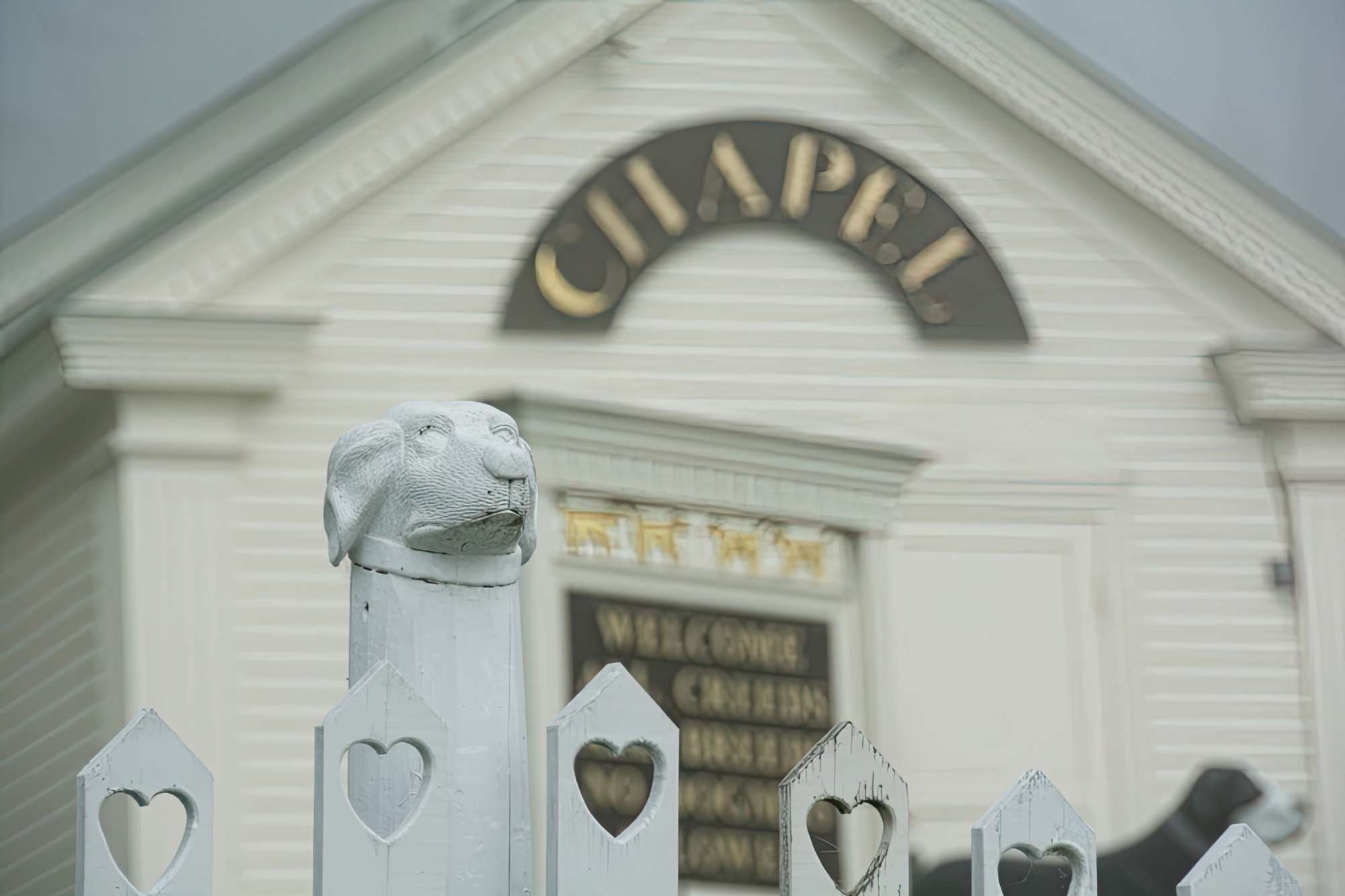 Dog head fence outside the Dog Chapel