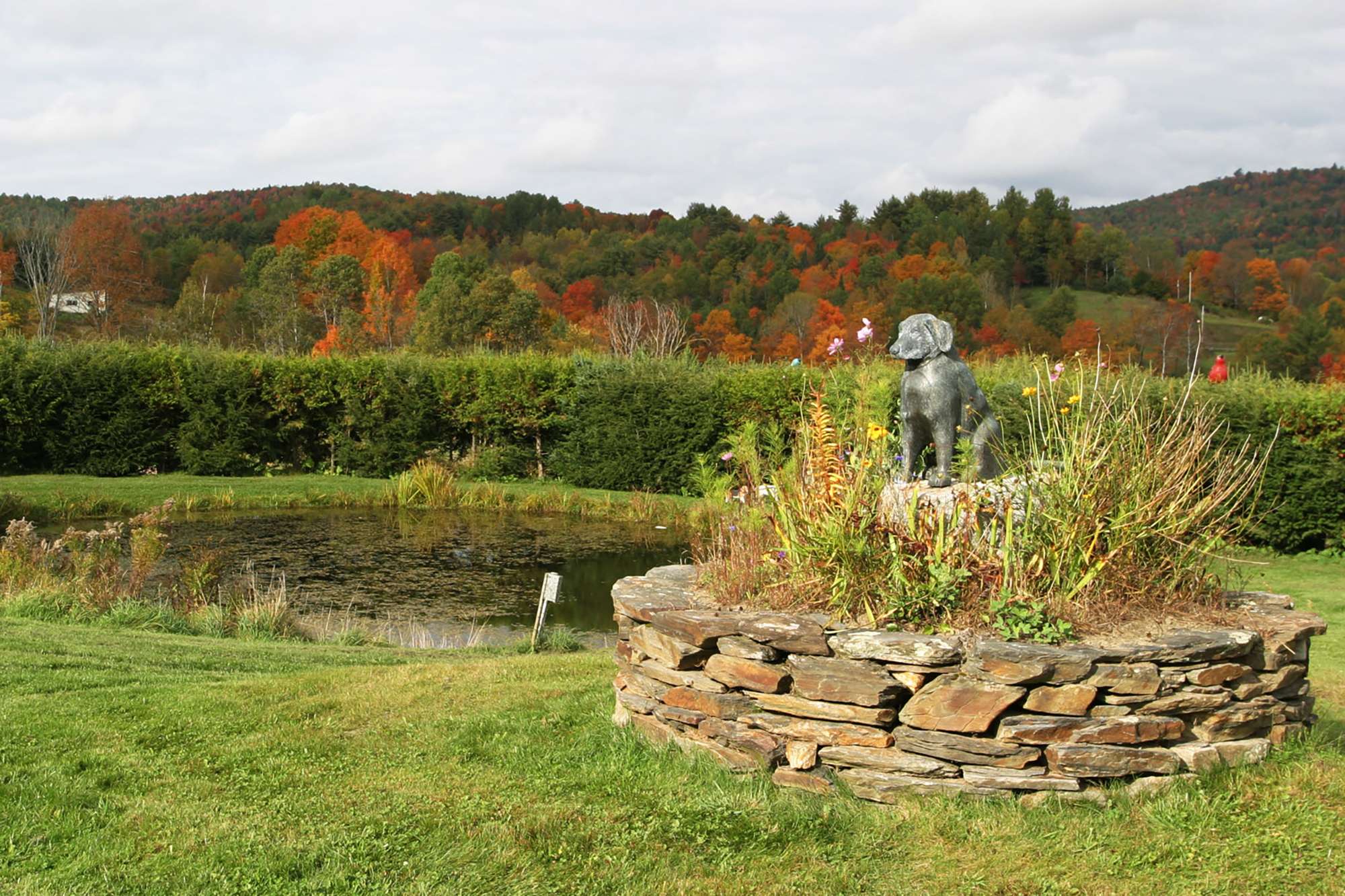 Labrador sculpture by a pond