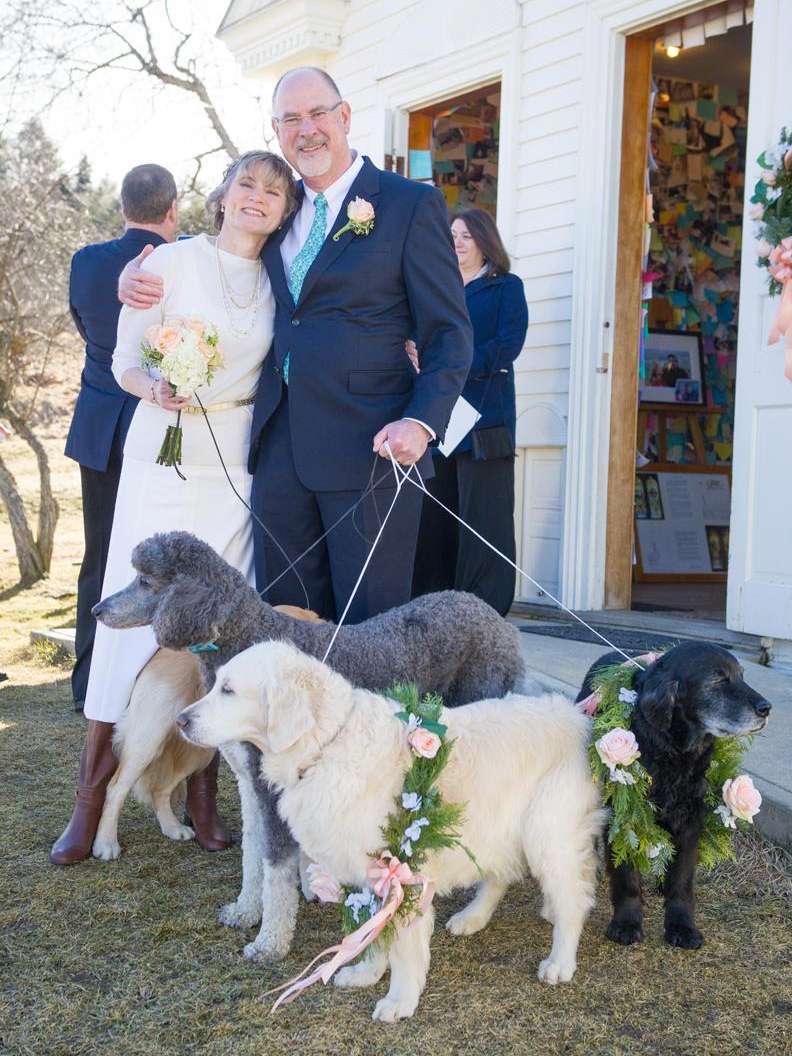 Bride and groom outside the dog chapel